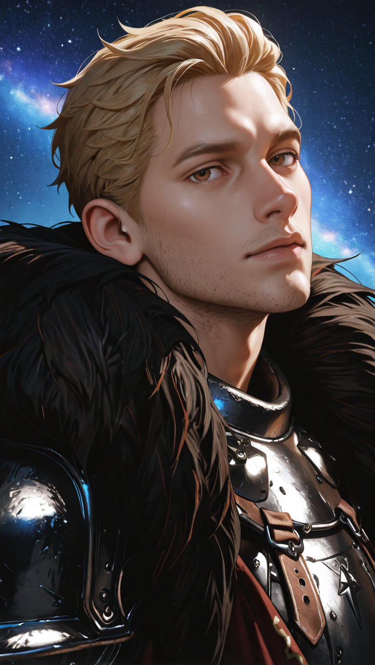 masterpiece,best quality,absurdres,newest,perfect quality,best quality,absolutely eye-catching,detailed background,male focus,solo,realistic,<lora:Dragon Age - Cullen Rutherford - Illustrious 2_1:0.7>,cullen_rutherford,1boy,blonde hair,brown eyes,fur-trimmed cloak,pauldrons,breastplate,shirt,portrait,looking at viewer,head tilt,seductive look,galaxy background,blue stars,from side,