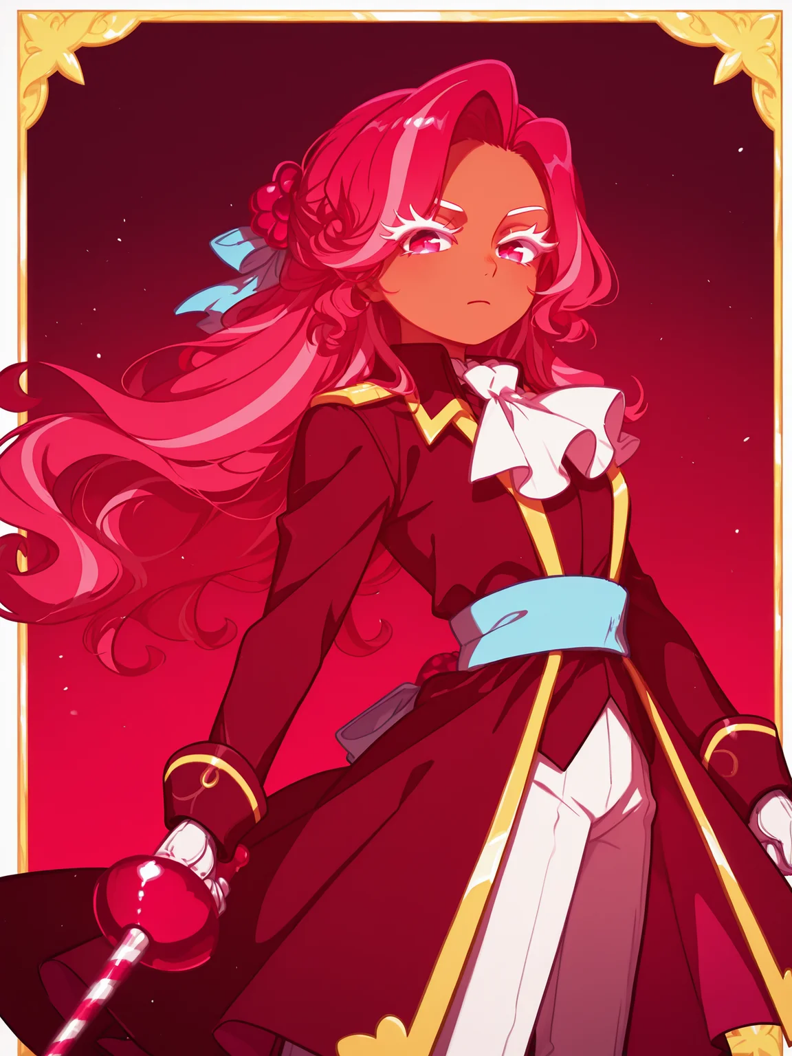 <lora:CRORasbXL:1>, CRO_Rasb, 1girl, streaked hair, hair bun, long hair, hair ornament, red coat, white gloves, white ascot, sash, gold trim, white pants, dark skin, white eyelashes, rapier, holding sword, holding,
<lora:cfg_scale_boost:0.5> [lazypos], inset border, cowboy shot, looking at viewer, gradient background, <lora:spo_sdxl_10ep_4k-data_lora_webui:0.4> <lora:retrocute:1>, <lora:omoyunakyu715-_style_Illustrious:0.5> omoyu_nakyu715,