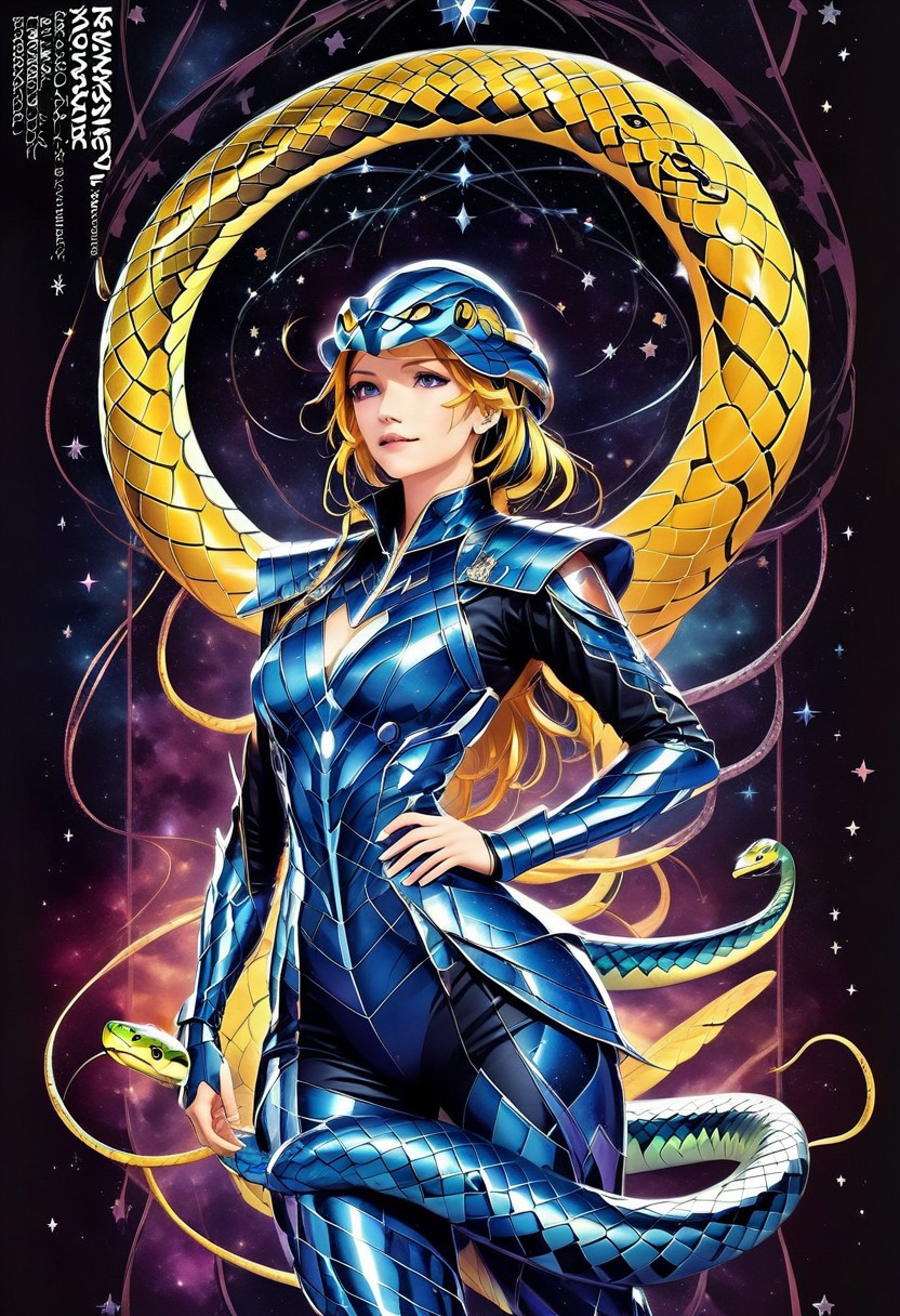 score_9, score_8_up, score_7_up, source_anime, human, masterpiece, best quality, full body, full body shot, 1girl, solo, Snake constellation-ethereal design, flexible materials, snakehead full helmet, elongated faceplate, shimmering scales, articulated eye slits, reinforced chest plate with constellation patterns, scale-patterned shoulder guards, flexible arm wraps, clawed gauntlets, segmented leggings, serpent-like boots with textured soles, tail-inspired backpiece, stealthy silhouette, deep blues and purples, starry motifs, glowing accents, lightweight and agile, constellation-inspired celestial effects, snake in background, snake (symbol), background, demoniac, dark, chiaroscuro, low-key, dynamic pose, concept art, realistic, dark theme, low light,
