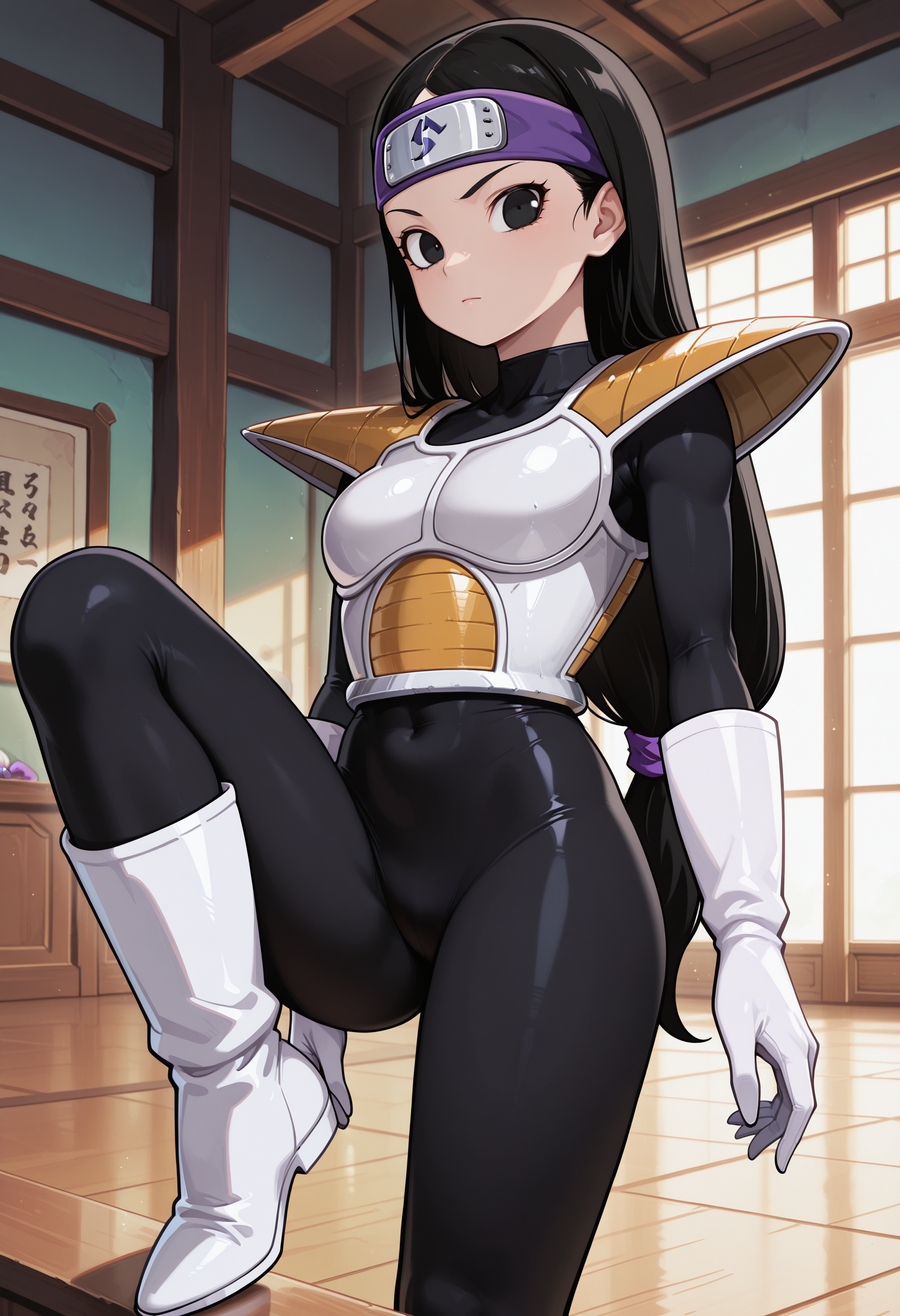 Tsch, 1girl, black hair, low-tied long hair, black eyes, purple bow, forehead protector, white saiyan armor, shoulder pad, black bodysuit, white gloves, white boots, looking at viewer, indoors, best quality, very aesthetic, masterpiece,