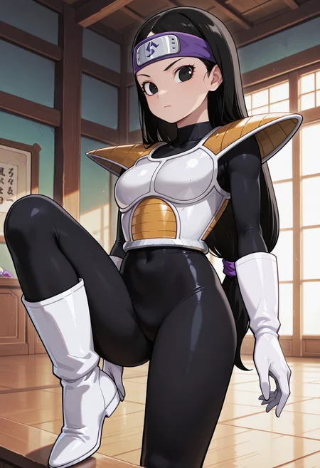 Tsch, 1girl, black hair, low-tied long hair, black eyes, purple bow, forehead protector, white saiyan armor, shoulder pad, black bodysuit, white gloves, white boots, looking at viewer, indoors, best quality, very aesthetic, masterpiece,