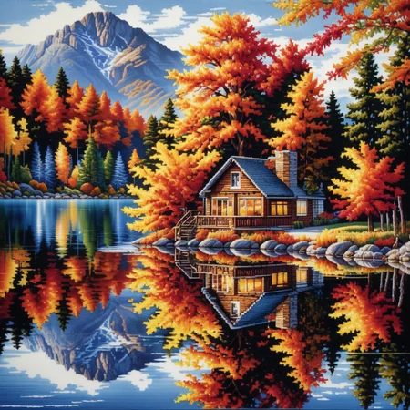 Exquisite cross-stitch art, autumn lake, photorealistic, intricate details, vibrant fall colors, reflective water, colorful trees, high contrast, serene and tranquil, fine stitches, warm light, beautiful reflections, detailed foliage