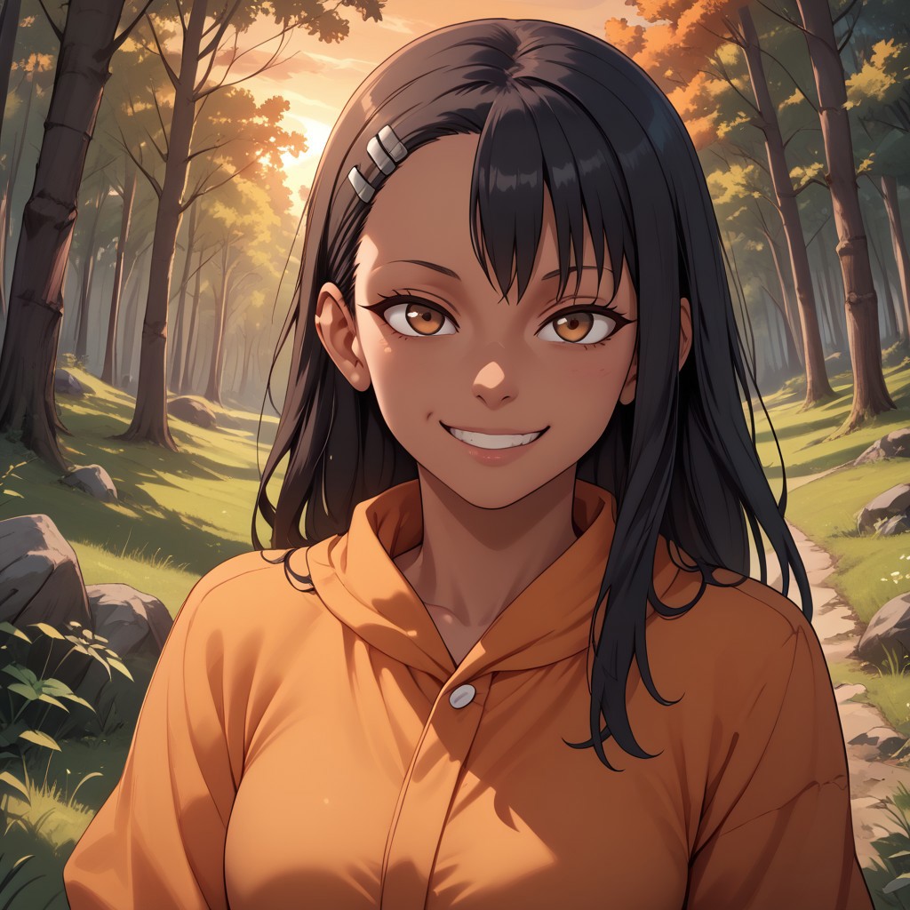 score_9, score_8, BREAK, solo, Hayase Nagatoro, Hairclip, Black Hair, Brown Eyes, Dark Skin, Dark Skin Female, sexy pose, self portrait, smile, outdoors, sunlight, shadows, evening lighting, natural lighting, forest, trees, grass, orange sky, sunset