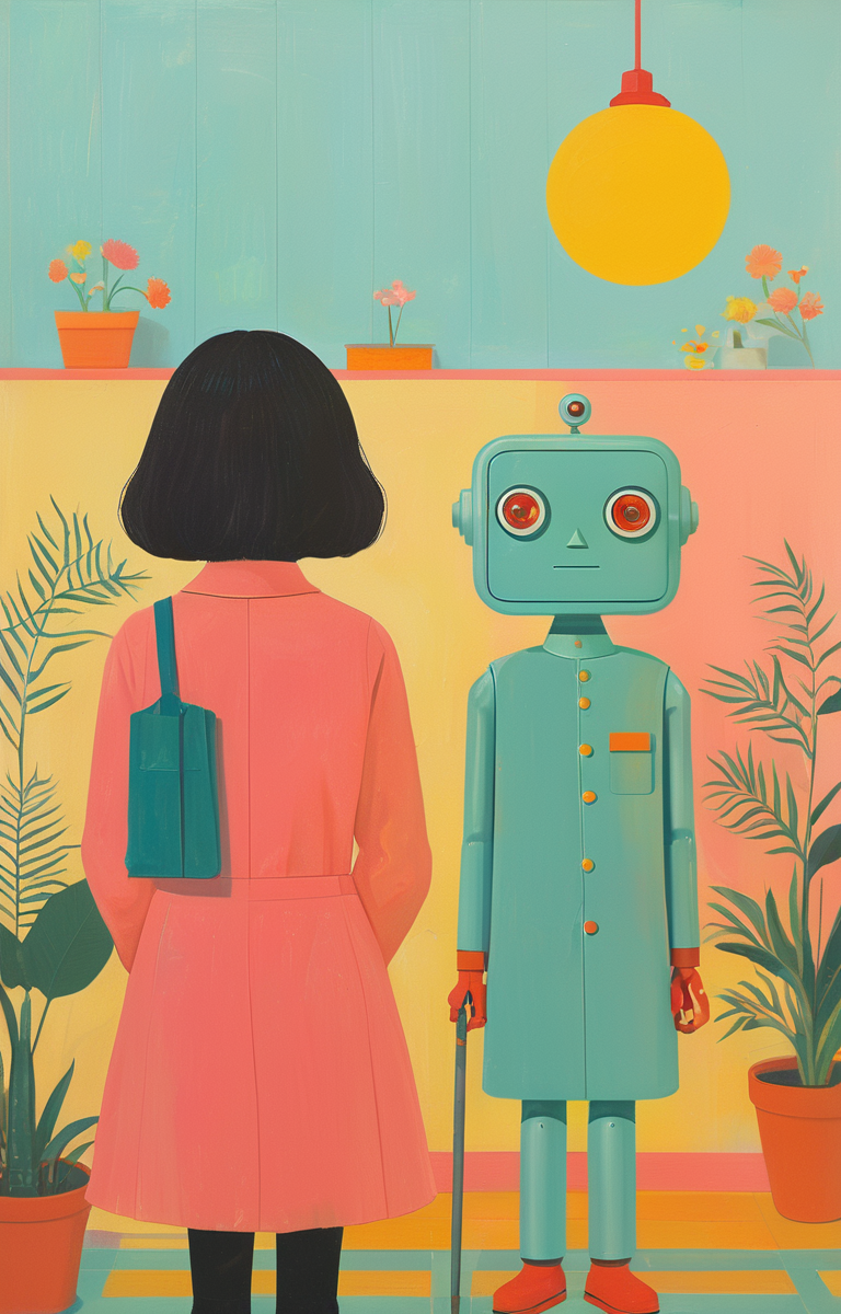 masterpiece,best quality,<lora:tbh289-sdxl:0.9>,illustration,style of Joan Cornella portrait of Housework robots