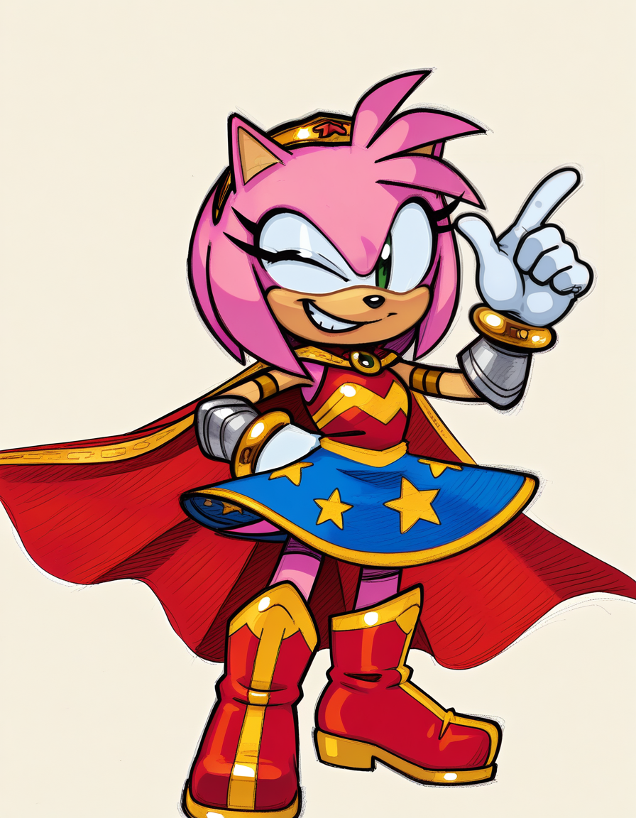 1girl, solo, no humans, petite, standing, one hand on hip, playful wink, spirited grin, fun attitude,
<lora:WonderAmy_v1:0.9> wonderamy, alternate costume, amy rose, gold trim, red cape, white gloves, bracer, gold hairband, blue skirt, sleeveless, breastplate, armored boots, red boots, star \(symbol\), star print, bare shoulders, armlet, miniskirt, gold brooch, brooch, red shirt, gold bracelet, tail through clothes,
 traditional media, sketch, hatching \(texture\), watercolor \(medium\),  <lora:Captain_Molasses_v2:1> capmol, extremely detailed, highres, masterpiece, best quality