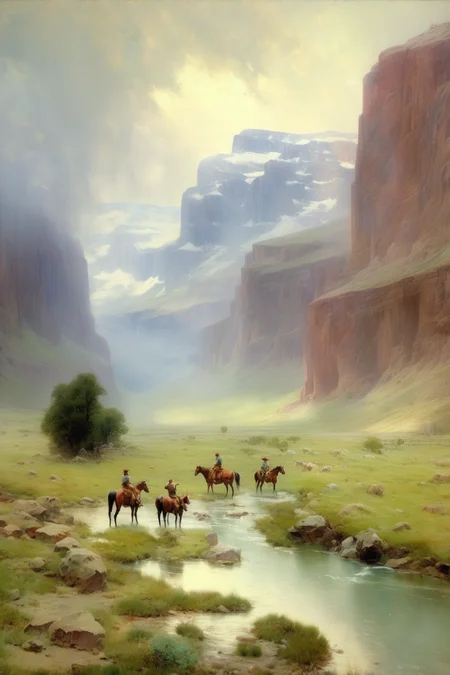 <lora:Thomas Moran Style:1>Thomas Moran Style - landscape shot by Abbott Fuller Graves and Martin Grelle.