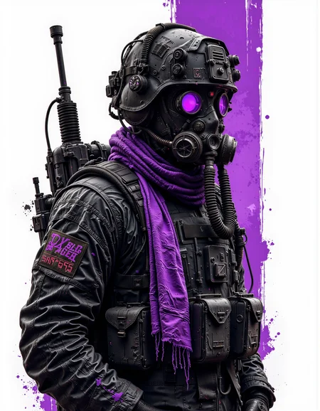 A graphic illustration, black and white, of a soldier standing guard wearing a gas mask and a striking purple scarf.
<lora:Dieselcore:0.7> d1eselc0re <lora:Glitchcore_Flux:0.4> gl1tchc0re