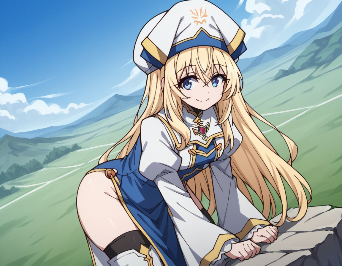 score_9, score_8_up, score_7_up, source_anime,
priestess, <lora:priestess-s2-ponyxl-lora-nochekaiser:1>,
priestess, blonde hair, blue eyes, long hair, hair between eyes,
boots, dress, frilled sleeves, frills, hat, white headwear, pelvic curtain, high heels, robe, thigh boots, thighhighs, white thighhighs, long sleeves, puffy sleeves,
landscape, bent over, smile,
looking at viewer, cowboy shot, dutch angle, solo,