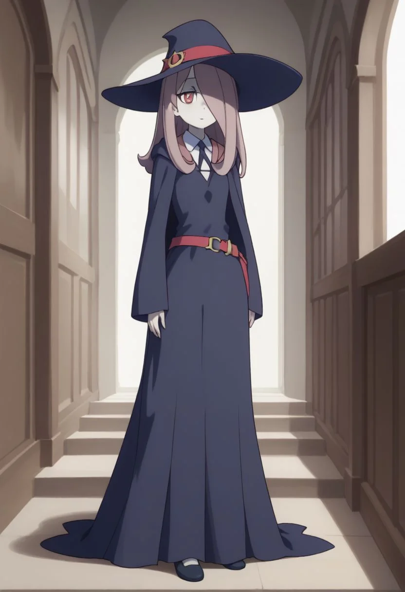 score_9, score_8_up, source_anime, highly detailed, 1girl, solo,
sucy, 1girl, hat, solo, witch hat, pale skin, red eyes, hair over one eye, long hair, witch, luna nova school uniform, full body, school uniform, belt, pink hair, cape, long skirt, very long skirt,
indoor,