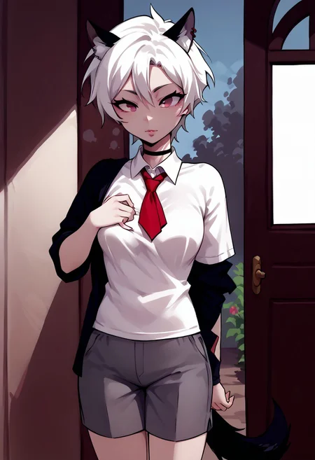 score_9, score_8_up, score_7_up, score_6_up, c1ca,1girl,adult,bare_legs, impossible_clothes, body_silhouette, adjusting clothes, eye_contact, perfect_breasts, lips parted, slim, short hair, pink eyes, white hair, animal ears, red piercing, black wolf tail,ruanyi1043, white shirt, red tie, grey shorts, fishnets, standing, cute_expression, outdoors,porch,doorway,