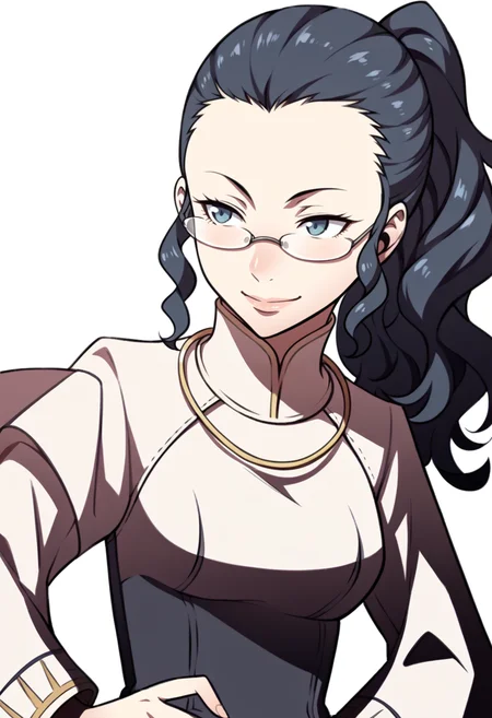 score_9, score_8_up, score_7_up, source_anime BREAK 1girl, solo,
<lora:zs_AwakeningPortraitsXL:1> awakeningportraits, portraits, white background
<lora:zs_MayoidoXL:1> mayoidop3, long hair, ponytail, black hair, glasses, dress, necklace, seductive smile, assertive female