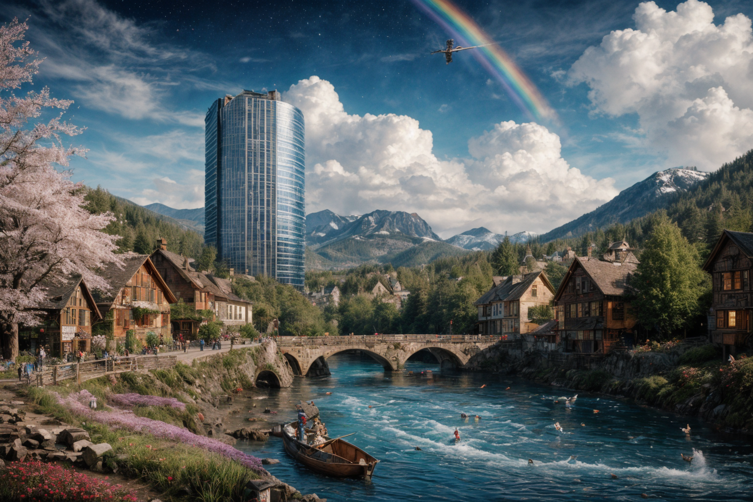 (RAW photo, 8k uhd, Analog style, Masterpiece, Best Quality, Highres:1.4), (dramatic, cinematic:1.2), BREAK,
movie shot of colorful hyperdetailed fantastic fantasy mysterious magic landscape, above clouds, (medieval elven fantasy (village:1.35), (steampunk:1.05) (peasant:1.15) (robots:1.1) (crowd:1.35), playing (little steampunk (girl:1.25):1.1), (farm:1.31), (lake, (river:1.14):1.15), (bridges:1.4), (waterfalls:1.35), (boat:1.4), (dock:1.1), (cliff:1.35), road, (green:1.05) valley, (flowers:1.2), (maple trees:0.65), (green:1.05) (fields:1.3), (fences:1.3), (snowy:1.17) (pines:1.1), (pink:1.0) (flowering tree:1.12):1.22), BREAK,
((mountains:1.22), (futuristic:1.15) (overgrown:1.27) (skyscrapers:1.53) (ruins:1.35), (market, water wheel, castle:1.14), (colorful houses:1.2), birds, stairs, spaceport, ((bright morning sun daylight:1.05) rainbow pure (blue:1.05) sky, glowing:1.05), starry, crescent, meteor, ((fluffy cloud:1.2), godrays, light particles:1.05), various seasons, steam, smokes:1.2), BREAK,
(photorealistic:1.2), (intricate:1.3), (light theme:1.3), (inspiring joyful atmosphere:1.2), (fabulous, fantasy, mysterious, science fiction, post-apocalypse, incredible, amazing, happy, sunny, pastoral:1.2), (hyperdetailed, absurdres:1.2), (colorful, saturated:1.4), colorful lighting, BREAK,
<lora:more_details:1>,