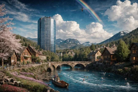 (RAW photo, 8k uhd, Analog style, Masterpiece, Best Quality, Highres:1.4), (dramatic, cinematic:1.2), BREAK,
movie shot of colorful hyperdetailed fantastic fantasy mysterious magic landscape, above clouds, (medieval elven fantasy (village:1.35), (steampunk:1.05) (peasant:1.15) (robots:1.1) (crowd:1.35), playing (little steampunk (girl:1.25):1.1), (farm:1.31), (lake, (river:1.14):1.15), (bridges:1.4), (waterfalls:1.35), (boat:1.4), (dock:1.1), (cliff:1.35), road, (green:1.05) valley, (flowers:1.2), (maple trees:0.65), (green:1.05) (fields:1.3), (fences:1.3), (snowy:1.17) (pines:1.1), (pink:1.0) (flowering tree:1.12):1.22), BREAK,
((mountains:1.22), (futuristic:1.15) (overgrown:1.27) (skyscrapers:1.53) (ruins:1.35), (market, water wheel, castle:1.14), (colorful houses:1.2), birds, stairs, spaceport, ((bright morning sun daylight:1.05) rainbow pure (blue:1.05) sky, glowing:1.05), starry, crescent, meteor, ((fluffy cloud:1.2), godrays, light particles:1.05), various seasons, steam, smokes:1.2), BREAK,
(photorealistic:1.2), (intricate:1.3), (light theme:1.3), (inspiring joyful atmosphere:1.2), (fabulous, fantasy, mysterious, science fiction, post-apocalypse, incredible, amazing, happy, sunny, pastoral:1.2), (hyperdetailed, absurdres:1.2), (colorful, saturated:1.4), colorful lighting, BREAK,
<lora:more_details:1>,