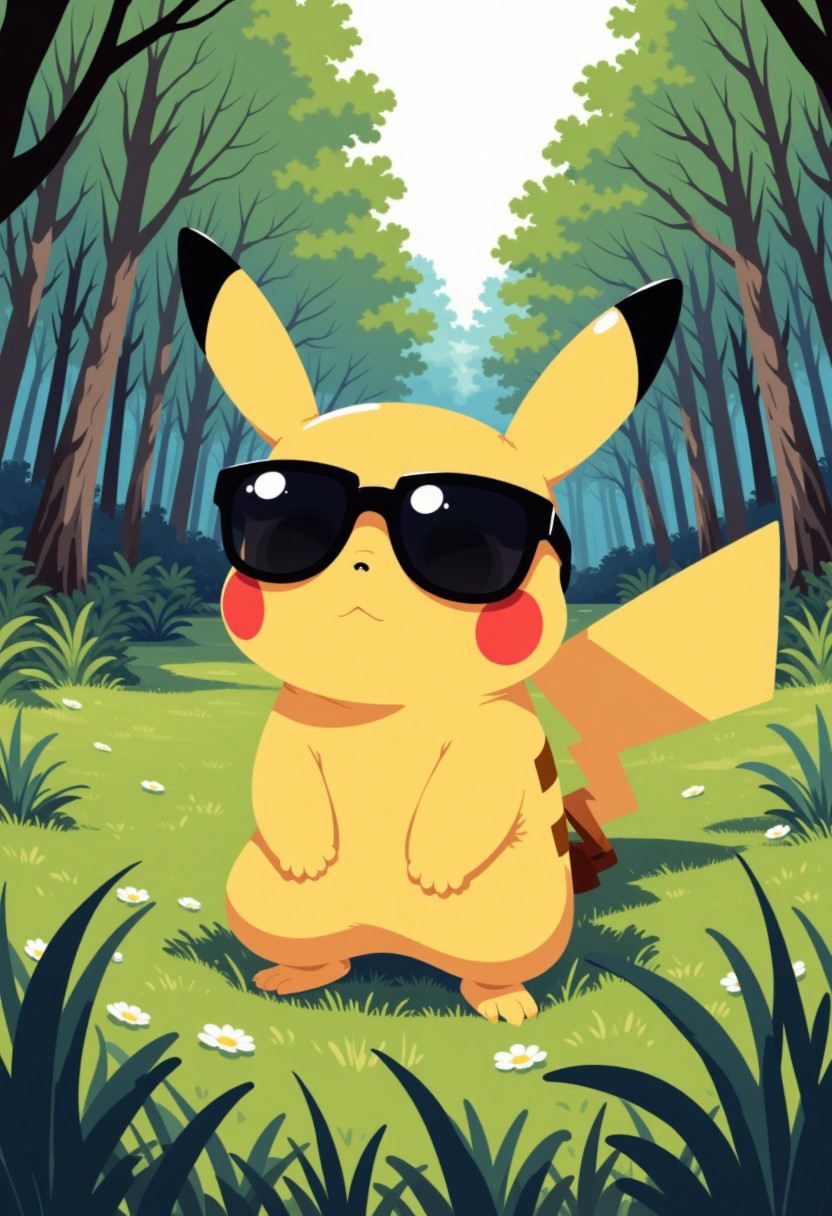 Pikachu with sunglasses in the high grass, background of a forest, flat anime style