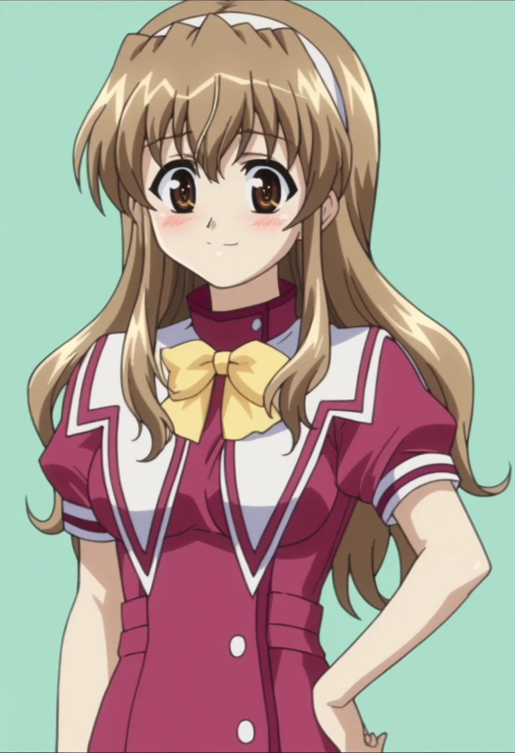source_anime, score_9, score_8_up, score_7_up, anime screencap, anime coloring, BREAK <lora:DX888Haruka:1> nogizaka haruka, brown hair, brown eyes, long hair, light smile,  blush, embarrassed,  hairband, school uniform, short sleeves, yellow bowtie, dynamic pose, hand on own hip,  BREAK, pastel background green  background