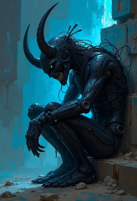 DB4RZ style painting A dark, robotic figure with intricate mechanical details, sitting hunched over against a colossal cyber structure. The figure's head is adorned with long, sharp horns and cables, while the glowing lights from the machinery cast a blue tint across its metallic body. (dystopian sci-fi style) <lora:RetroAnimeFluxV1:0.5> <lora:NeonFantasyFLUX:0.3>