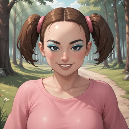 score_9, score_8, BREAK, solo, wii, mii, wii sports, 1girl, female mii, brown hair, twintails, black eyes, black eyebrows, blue eyeshadow, makeup, blush, brown lips, lipstick, teeth, pink clothing, white pants, barefoot, big breasts, nintendo mii, modern_mii, classic_mii, Yaami_(OC_Mii), plump, fat, chubby, sexy pose, self portrait, smile, outdoors, sunlight, shadows, evening lighting, natural lighting, forest, trees, grass, orange sky, sunset