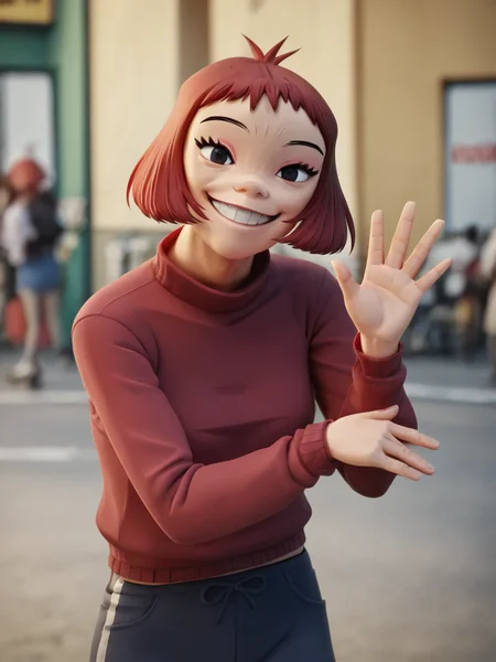 score_9, score_8_up, score_7_up, score_6_up, BREAK, Noodle, solo, short hair, red hair, sweater, smile, raise right hand, waving, looking at viewer <lora:Noodle:1>