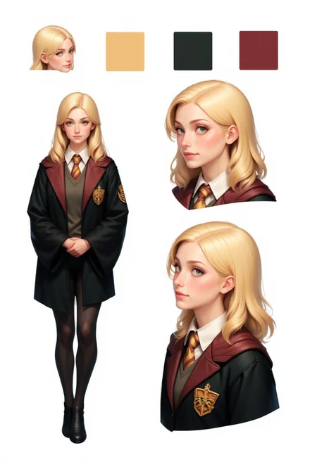 CharacterDesignFLUX,reference sheet,white background,simple background,multiple views, upper body, front, from side, color palette reference, high_detailed, captured in high detail, blond, girl, hogwarts, student, arrogant, holding hands, arrogant, diligent, serious, professionnal stance, humble stance, judgemental, hogwarts school uniform, school uniform, mean girl face, smile, woman, smiling, front side, beatrice,