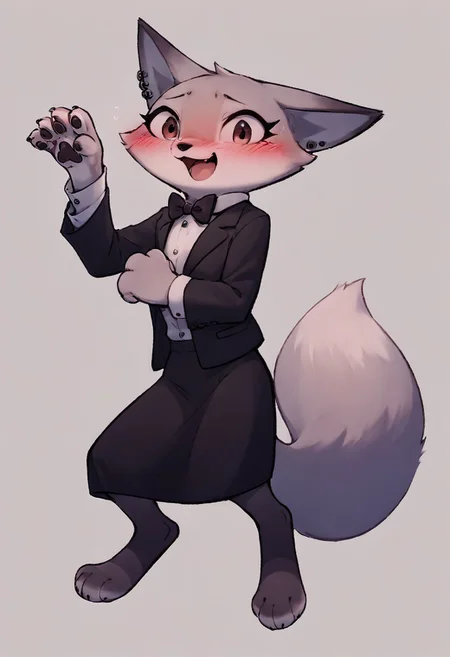 Score_up 9, score_up 8, anthro, score_9, score_8_up, wearing a tuxedo suit, blush, embarrasment, paws, warm, heat, skirt, black pantyhose, high Quality detailed, bowtie, uwu, feral hind, animal feet, soft, white shirt, high libidine, volumetric lighting, humilliation, thirsty, want to be dominated, black jacket, solo, flat chest, open mouth, feeling horny, Zhen, Corsac fox, Right-sided jade ear piercing,  Fur Gray and White, brown eyes, full body, hands up, sexy look