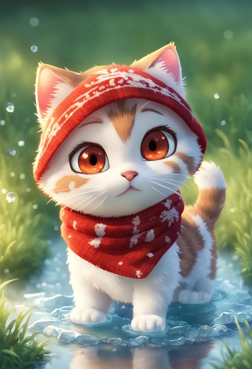 chibi, masterpiece, best quality, original, official art,1cat,red scarf,grass,blurred background, cartoon rendering, beautiful detailed glow, (detailed ice), beautiful detailed water, and I want the Disney Pixar style in a white background painted by watercolor 3DAnimationStyle