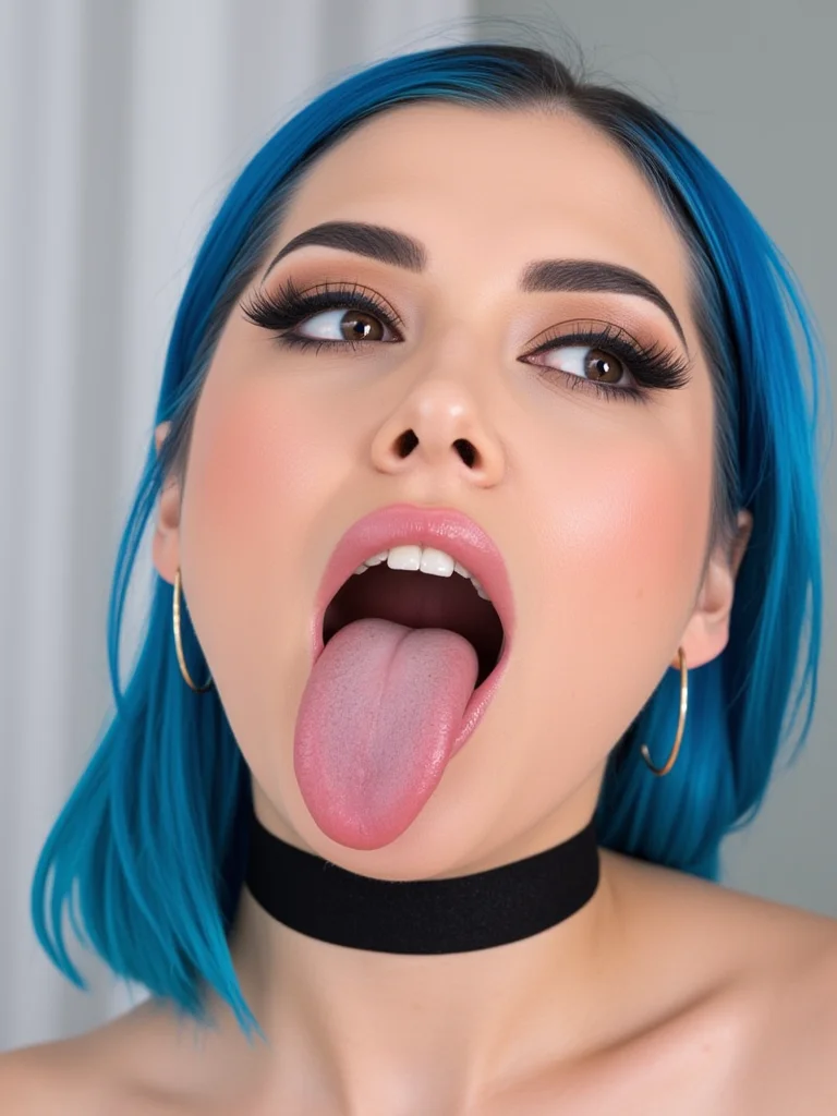 AiArtV,
woman, open mouth, blue hair, earrings, teeth, choker, tongue, tongue out, mole, black choker, makeup, portrait, realistic, long tongue