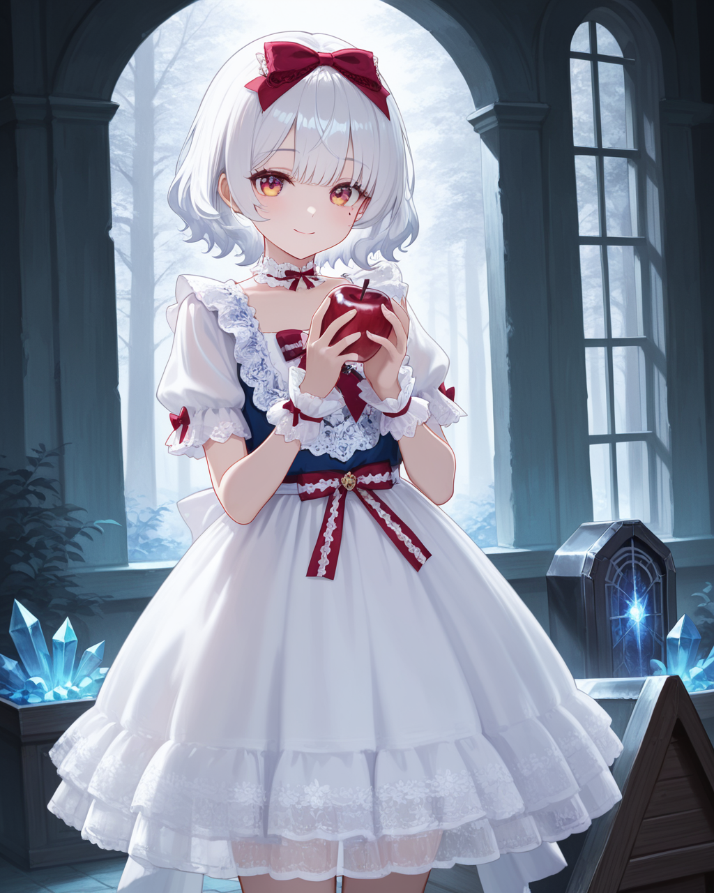 Positive: Masterpiece, best quality, amazing quality, very aesthetic, high resolution, ultra-detailed, absurdres,
1girl, solo, 
subanxia,
short hair, white hair,red eye,yellow eye,mole under eye, looking_at_viewer,light_smile,  
blue top white skirt red bow vintage lace dress,
white skirt,short sleeves,puffy short sleeves,frills,wrist cuffs,lace,apron,blue vest,ribbon,red bow,choker,
hair bow,
holding an apple,
standing, cowboy_shot,
enchanted forest, crystal coffin,foggy glade,wooden_horse,open_window,     
