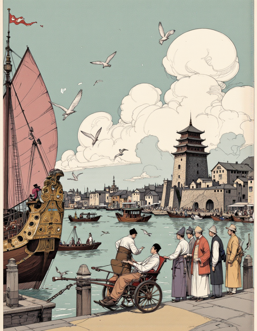 Art by Paco Gimenez. A detailed and colorful illustration from a far camera angle about a bustling harbor scene with boats and a pagoda in the background. the scene is set in the middle of the image, with a large ship with a pink sail on the left side, surrounded by smaller boats on the water. on the right side, a tall pagoda-like structure can be seen. in the foreground, a group of men in traditional chinese clothing and hats are standing on a pier, with one man sitting in a rickshaw. the men appear to be engaged in conversation, with some of them looking at the pagoda. the sky is filled with fluffy white clouds, and birds are flying around the scene. the overall style of the illustration is reminiscent of traditional china, with bold lines and vibrant colors.
