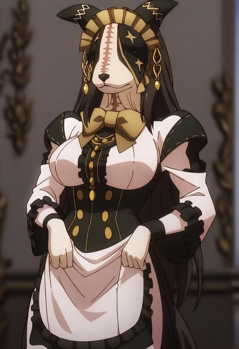score_9, score_8_up, score_7_up, score_6_up,source_anime, cinematic shadow, cinematic light, characters focus,detailed skins,perfect large breasts,rating_explicit, (cowboy shot:1.4), ultra detailed background,, pestonya, black long hair, dog girl, dog ears, STITCHES, no humans, furry, pestonyadress, maid, maid headdress, veil, covered eyes, star (symbol),yellow bowtie,frilled wide long sleeves, jewelry,frills,CENTER FRILLS
