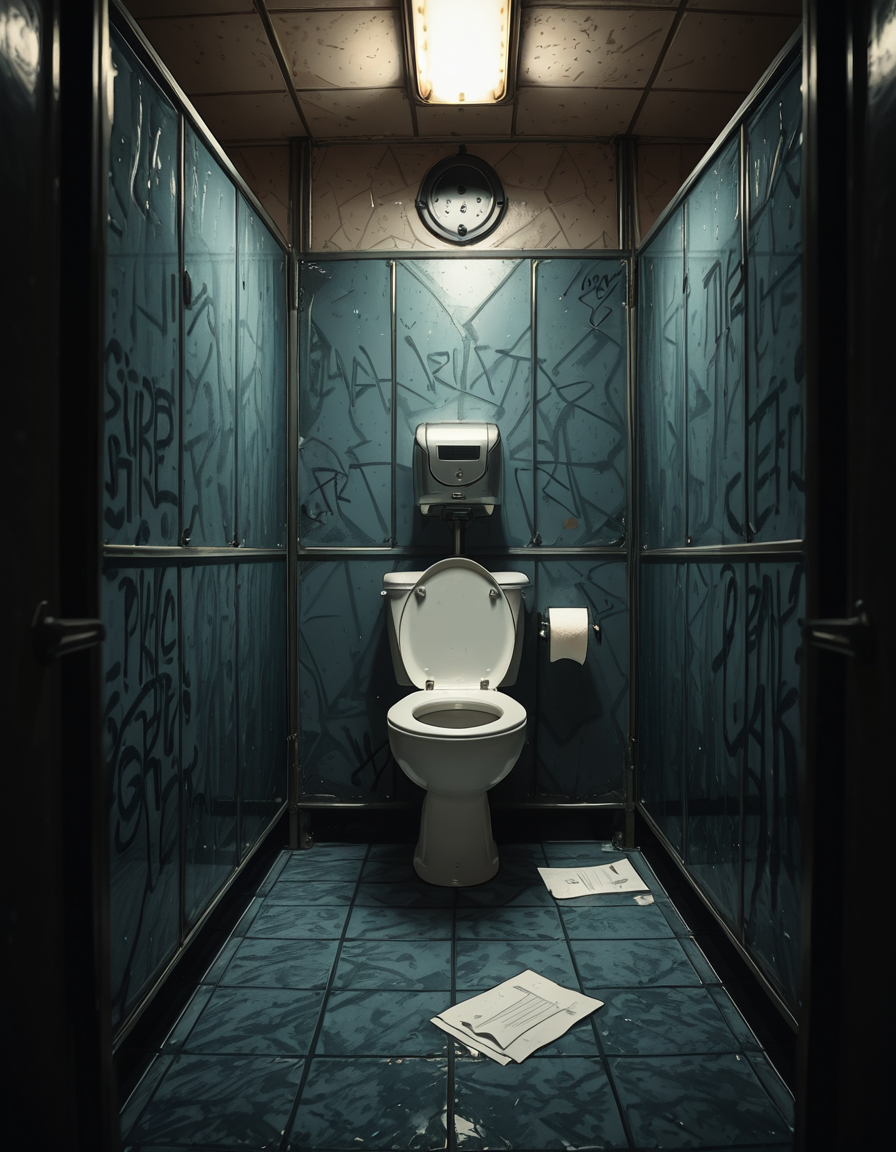 A highly realistic, detailed photograph of a public restroom stall from a human eye-level perspective. The stall is constructed with dull, light gray metal partitions showing subtle scratches and wear from years of use. The door is slightly ajar, with a simple metal latch and a small gap visible at the bottom and top of the door. Inside the stall, there is a standard white ceramic toilet with a chrome flush handle, positioned against a wall of white, slightly aged subway tiles. The floor is covered with small, dark gray hexagonal tiles, with faint reflections from the overhead fluorescent lighting. A single toilet paper dispenser made of stainless steel is mounted to the side wall, partially filled, with a torn sheet hanging loosely. The lighting is cool and sterile, casting soft shadows and emphasizing the slightly utilitarian, worn-out atmosphere of the space. Subtle details like faint graffiti scratched into the partition, a discarded paper towel near the floor, and small water stains near the base of the toilet contribute to the realistic, everyday public restroom feel. The photo is sharp, with a neutral color palette and an urban documentary style.
 <lora:SDXLFaeTastic2400:0.4> <lora:extremely_detailed:0.4> extremely detailed,<lora:public_restroom_st4ll_r2:1>,public restroom st4ll, Masterpiece,best quality,hi res,8k,hi res,8k,award winning,(sharp focus, intricate, highly detailed),