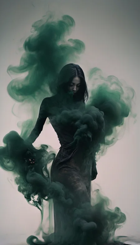 (a girl made of  black smoke),dynamic vision,<lora:xl-shanbailing-1126darknessé»æ:1>,bailing_darkness,darkgreen,