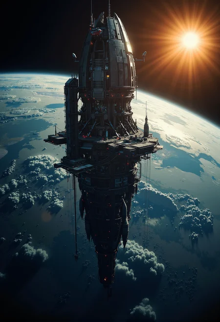 In low Earth orbit, a massive space industrial shipyard hovers against the backdrop of the planetâs curvature. The scene captures the grandeur of a colossal spacecraft under construction, its intricate framework illuminated by the warm, radiant sunlight streaming through the vastness of space. The industrial facility is a marvel of engineering, with towering metallic cranes, glowing assembly lines, and arrays of flickering lights indicating bustling activity. Below, the Earthâs atmosphere shimmers in brilliant blues and whites, with continents and clouds visible in stunning detail. The sunlight bathes the scene in epic lighting, casting dramatic shadows across the shipyardâs surfaces and accentuating the scale and intricacy of the spacecraft. The composition conveys the awe-inspiring contrast between the technological marvel and the natural beauty of the planet, creating a sense of both human achievement and cosmic wonder. <lora:- Flux1 - vanta_black_V1.0.safetensors:0.75>, <lora:The_Dark_Side_Of_The_Future.safetensors:0.33>, <lora:NotTheRealWorld-v55-000010.safetensors:0.5>, <lora:Sci-fi_env_flux.safetensors:0.5>,
