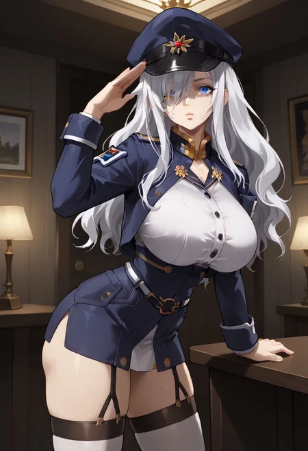 score_9, score_8_up, score_7_up, 1girl, sylwia krzasinska, source_anime, solo, anime screencap, anime coloring, zPDXLxxx, Expressiveh, white hair, wavy hair, long hair, blue eyes, hair over one eye, one eye covered by hair, perfect lips, vibrant eye color, expressive eyes, ultra-feminine, ultra-detailed face, ultra-detailed skin, lustrous ultra-detailed hair, (extreme hourglass figure: 1.5), ultra-slim proportions, (feminine muscles: 1.1), (long breasts, perfectly round breasts, huge breasts: 1.5), ultra-narrow waist, ultra-flared hips:, perfectly round ass, (ultra-jutting ass, shapely ass: 1.3), perfect butt crack, thin tighs, ultra-fit figure, long legs, bursting breasts, ultra-jutting breasts, ultra-pointy breasts, blue headwear, blue jacket, blue skirt, hat, jacket, military, military hat, military uniform, peaked cap, shirt, skirt, thighhighs, uniform, white shirt, white thighhighs, indoors, detailed background, military base, sci-fi base, steel grey walls, alert lights, staring at viewer, bending over, leaning forward, saluting, military salute, sexually suggestive