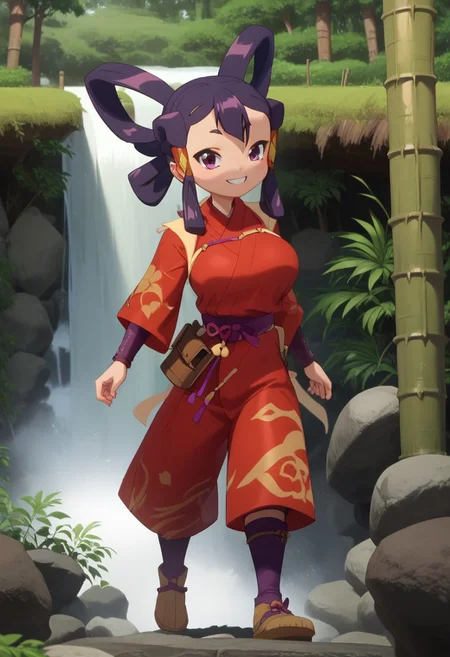 score_10 , score_9_up, score_8_up, score_7_up , score_6_up, vibrant colors, shiny_skin , prefect lighting, detailed image, snoozing , masterpiece , best quality , highly detailed , BREAK ,
1girl , (sakuna, battle , big breasts , curvy , thicc , cute) , detailed face , bedroom eyes , smiling ,
looking at viewer , outdoor , forest , bamboo trees , rocks , waterfall , cinematic composition , dynamic pose , full body ,
By bad artist , HairDetail , fcNeg , EasyNegativeV2 ,