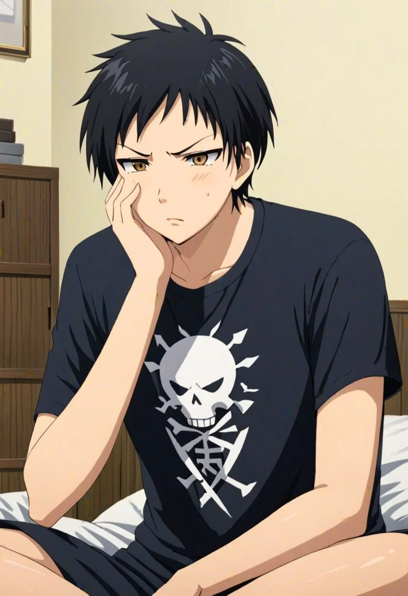 Sasuke Tsubaki, Yellow Eye,  masterpiece, best quality, (1boy), solo, male focus, High definition, Black hair, 4K, T-shirt, heartless, thinking, stress , distress