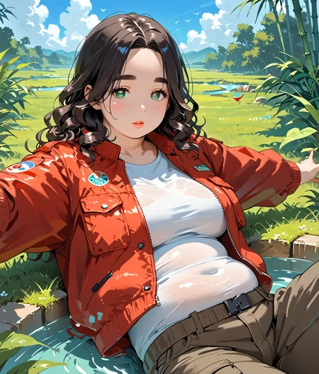 PonyScores7, source_anime, ah1, <lora:natsumi_style:0.5>, <lora:by_usakun-pony:0.4> by usakun, <lora:Akina_Bbw_Style_-_PonyXL:0.2> AkinBw
BREAK 1girl, (curly hair), long hair, (black hair:1.3), mature female, (parted hair:1.7), (round face:1.2), (thick eyebrows:1.2), (curvy), round-chin, (greenish hazel eyes:1.4), caucasian, (downturned eyes:1.2), (plump face), messy hair, <lora:Round_face:0.1>, <lora:ETO_OCPonyXL:0.5> eto_oc, skindentation, (plump), thick thighs, wide hips, busty, voluptuous, kinky curls, lips, <lora:venus body PonyXL:0.4>,  (Mocking), (lying on the back in a lush green park, arms stretched wide open, gazing up at a clear blue sky dotted with fluffy white clouds. The soft grass beneath provides a comfortable cushion, while the sound of birds chirping adds to the tranquility), (japanese Zen Bathroom, This serene space incorporates natural materials like bamboo and stone, A soaking tub sits under a skylight, surrounded by plants, creating a tranquil oasis for relaxation), looking at viewer, (tuscan red Adventure Traveler, Cargo pants, utility jacket, and hiking boots)
BREAK <lora:xl_more_art-full_v1:0.2>, <lora:shinyskin2:0.2> glistening skin, <lora:aesthetic_anime_v1s:0.2>, <lora:Expressive_H:0.2> Expressiveh, <lora:hairdetailpxl:0.2> hairdetailpxl, <lora:EpicF4nta5yXL:0.2>, <lora:detailxl:0.2> detailxl, <lora:Fant5yP0ny:0.2>, best quality, amazing quality, best aesthetic, absurdres, <lora:expressive eyes:0.2> expressive eyes, <lora:eyedetailpxl:0.2> eyedetailpxl, illustration, Volumetric_Lighting, ultra-detailed, very aesthetic, intricate details, 8k, masterpiece, best_quality 
BREAK (Over-the-Shoulder Shot) 
BREAK <lora:Eyes_High_Definition:0.3> EyesHD, Stable_Yogis_PDXL_Positives, AS-Adult, <lora:Complicated fantasy portrait - XL Pony V2.0:0.4>, bad-hands-5, <lora:HDA_Detailer:0.2>, HDA_FatGirlXL,
