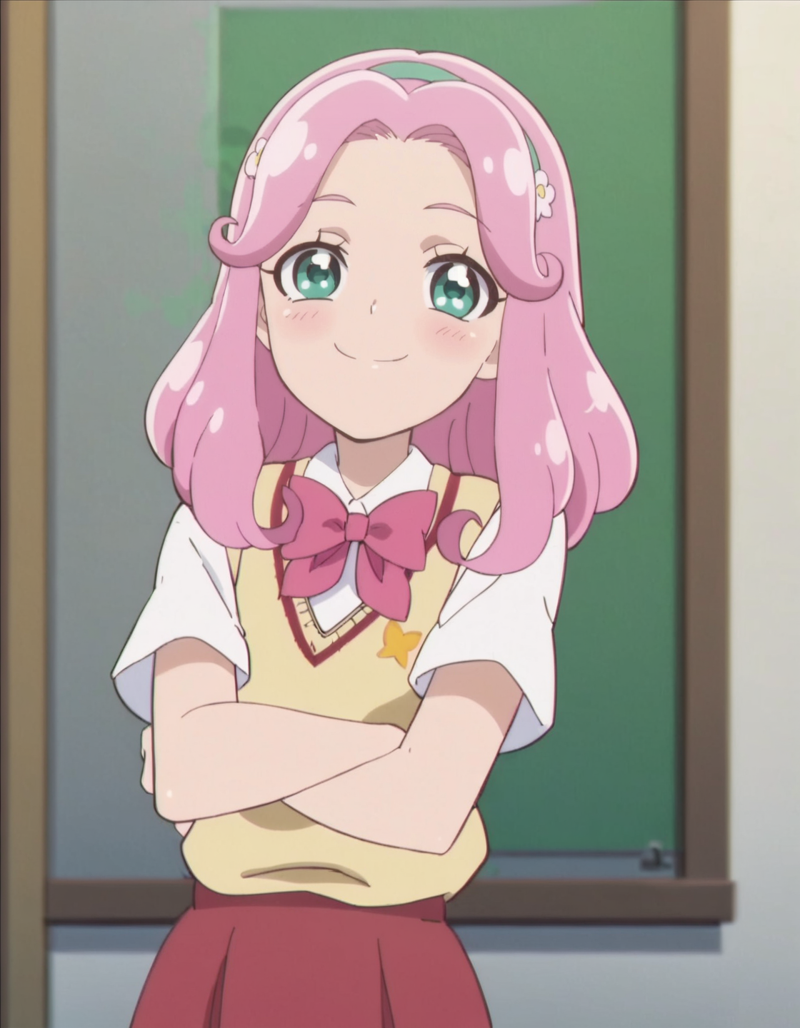 score_9, score_8_up, score_7_up, anime screencap, solo,1girl,hanamikotoha, green eyes,pink hair,school uniform,pink  bow,red skirt, hairband, sweater vest,cowboy shot,smile,blush,looking at viewer,small breasts,<lora:hanamikotoha:0.8>