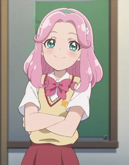 score_9, score_8_up, score_7_up, anime screencap, solo,1girl,hanamikotoha, green eyes,pink hair,school uniform,pink bow,red skirt, hairband, sweater vest,cowboy shot,smile,blush,looking at viewer,small breasts,<lora:hanamikotoha:0.8>