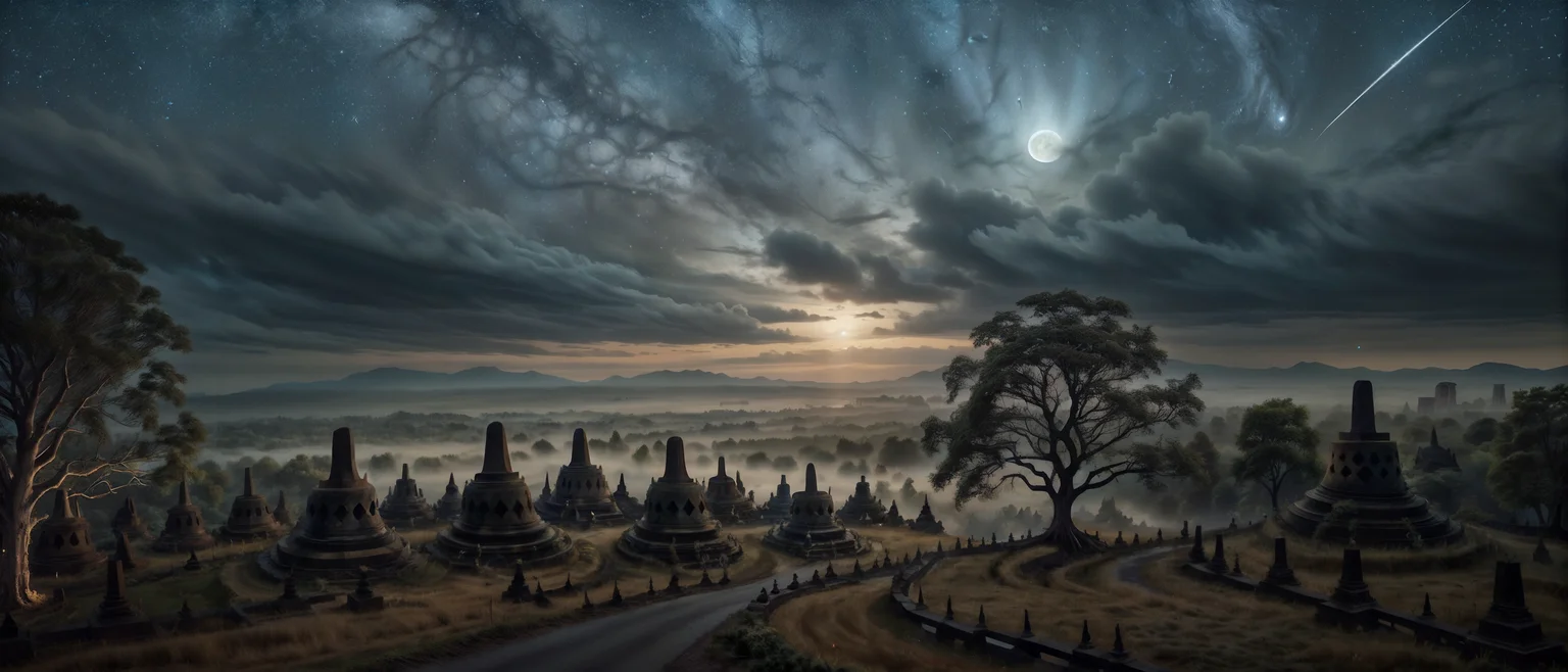 (a close up photo of lonely scary tree), edge of a cliff, panorama photo of a night, (elvish countryside), far metropolitan cities, lonely home, graveyard, wind, <lora:Thai_temple:0.2> (borobudur temple, heavenly aura, road), <lora:XSArchi_127:0.4> scenery, no human, <lora:TempestMagic:0.5> tempestmagic, water, <lora:PAseerStarSkyV1:0.3> stars, constellation, moon, ground level, forest