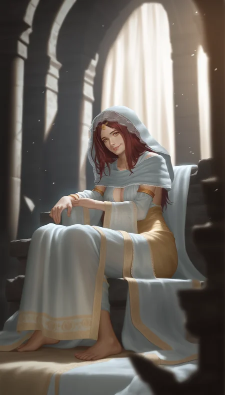 score_9,score_8_up,score_7_up,
<lora:Gwynevere:0.9>,
highres,photorealism,bloom,
dsgwynevere,
1girl,solo,
brown red hair,long hair,parted bangs,
yellow eyes,looking at viewer,smile,parted lips,
white hood with lace,gold headpiece with a central gemstone,sheer robe,
sheer skirt,
barefoot,
full body,sitting,from side,
blurry background,vignetting,warm,warm soft lighting,indoors,grand stone hall,arching stone pillars,curtains drapery,dimly lit room,light particles,throne,