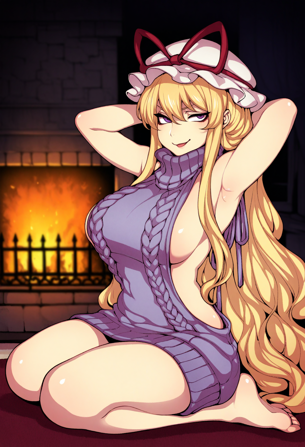 fishine, 1girl, solo, yakumo yukari, virgin killer sweater, arms behind head, armpits, sideboob, (plump:0.6), very long hair, mob cap, barefoot, large breasts, sitting, smug, indoors, fireplace, mansion, masterpiece
<lora:artist-fishine-illust:1>