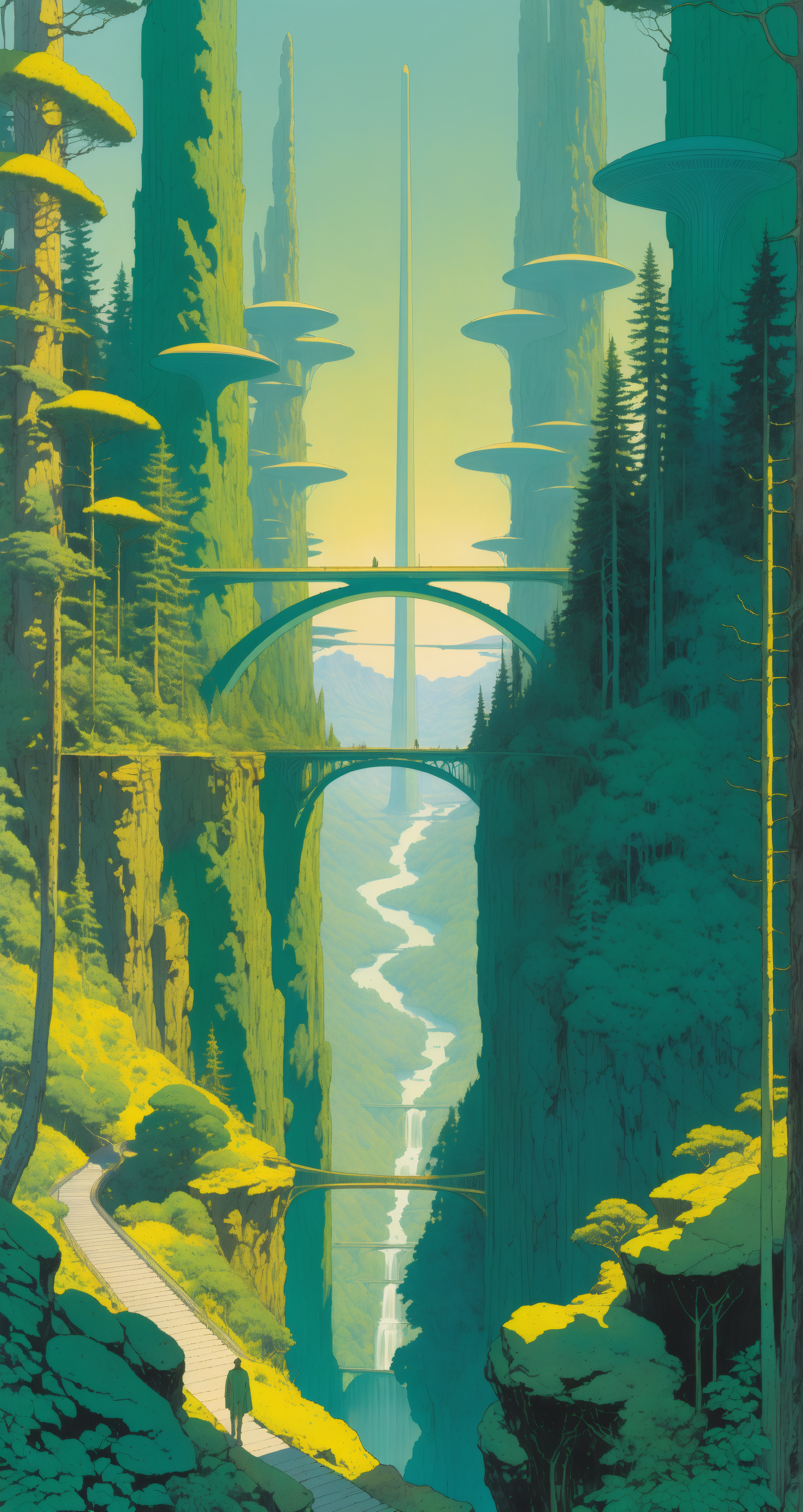 A dense forest with towering trees and soft sunlight, a futuristic bridge connecting distant mountains, green and gold, the futuristic span, in the style of Jean Giraud, in the style of Moebius