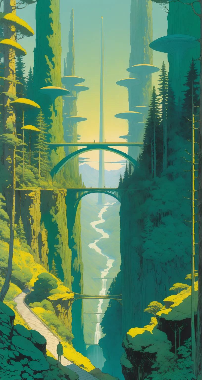 A dense forest with towering trees and soft sunlight, a futuristic bridge connecting distant mountains, green and gold, the futuristic span, in the style of Jean Giraud, in the style of Moebius