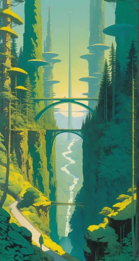 A dense forest with towering trees and soft sunlight, a futuristic bridge connecting distant mountains, green and gold, the futuristic span, in the style of Jean Giraud, in the style of Moebius
