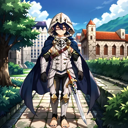 masterpiece, best quality, sharp aliasing, highly detailed, Quality, High Definition, Full Body View, <lora:EPfeCorrinPony:1>EPfeCorrin, blue cape, armour, black gloves, full gloves, black pants, wearing pants, outdoors, day, stone ground, tree, bush, buildings, barefoot, toeless legwear, armoured legwear, stirrup legwear, 5 toes <lora:Amajiki_Tamaki__Pony:1>Tamaki Amajiki, pointy ears, red eyes, dark blue hair, hair between eyes, hood, mask, male, male body, solo, 1male, sword, standing <lora:feet_anime_pony_v2:1>feet, dark blue toenails