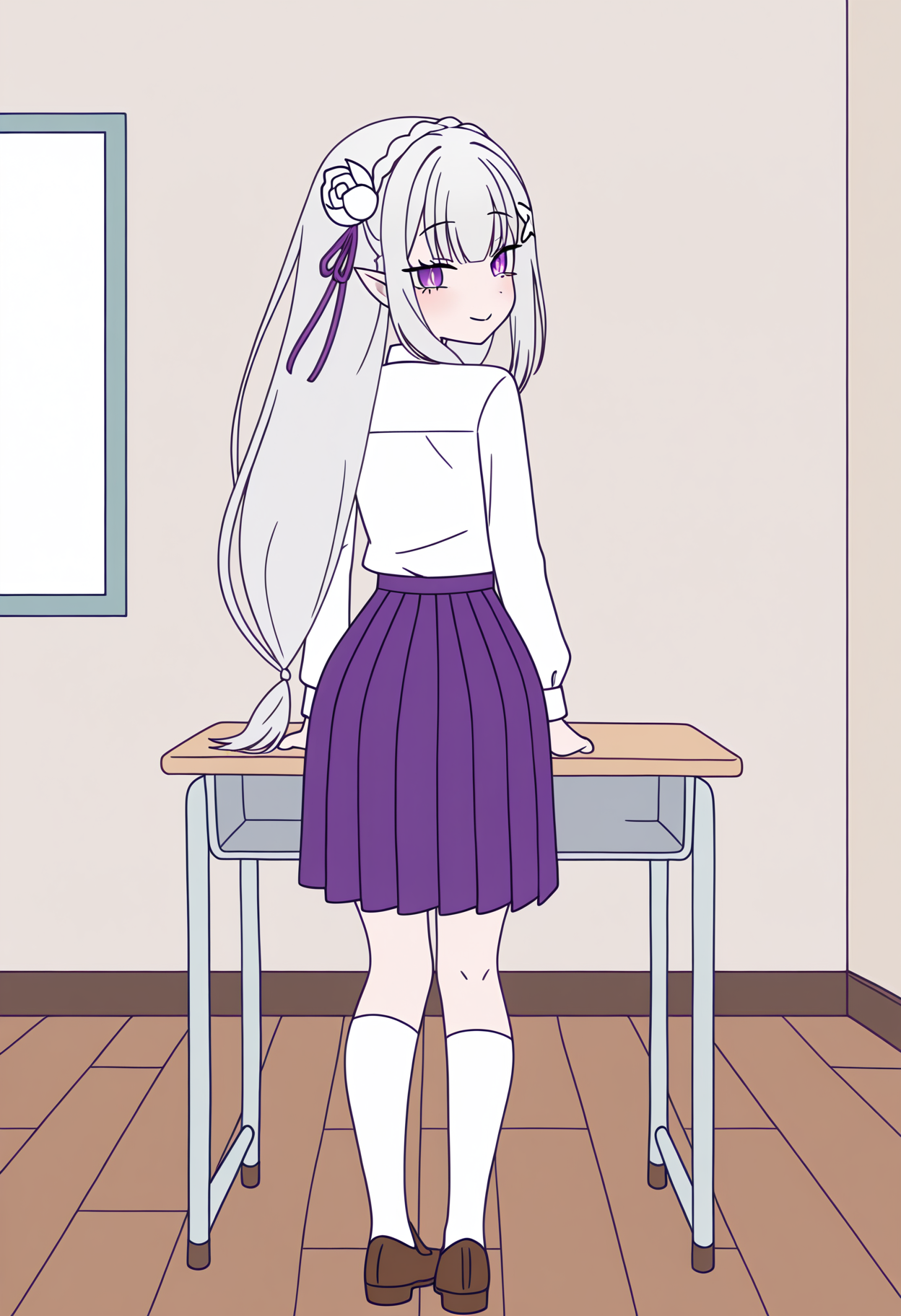 masterpiece, best quality, high resolution, source_anime, highly detailed illustration, detailed eyes,
very aesthetic, absurdres, newest, amazing quality,
<lora:shiRabbitHoleStyleConceptV1ill:1.0>, 
shirbtlestyle,
1girl, solo, <lora:shiEmiliaV12ill:1> shimilia, long hair, grey hair, purple eyes, pointy ears, crown braid, hair flower, hair ribbon, purple ribbon, x hair ornament, full body, desk, smile,
looking at viewer, from behind, pleated skirt, school uniform, school, indoors
