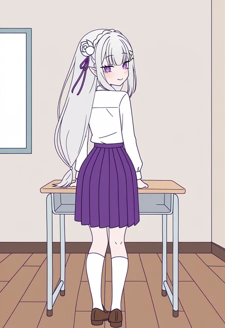 masterpiece, best quality, high resolution, source_anime, highly detailed illustration, detailed eyes,
very aesthetic, absurdres, newest, amazing quality,
<lora:shiRabbitHoleStyleConceptV1ill:1.0>,
shirbtlestyle,
1girl, solo, <lora:shiEmiliaV12ill:1> shimilia, long hair, grey hair, purple eyes, pointy ears, crown braid, hair flower, hair ribbon, purple ribbon, x hair ornament, full body, desk, smile,
looking at viewer, from behind, pleated skirt, school uniform, school, indoors