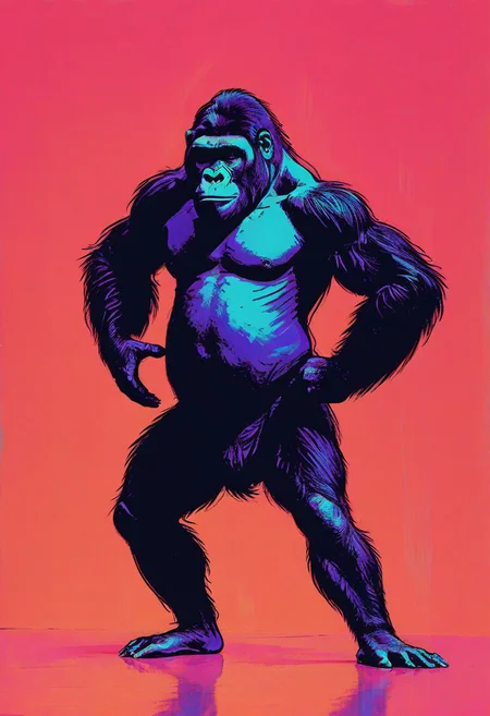 medium shot, full body, ballet pose, impactful color paint of, a gorilla wearing a ballet tutu skirt, highly detailed, vibrant colors , 8k, sharp, professional, clear, high contrast, high saturated, , vivid deep blacks, crystal clear