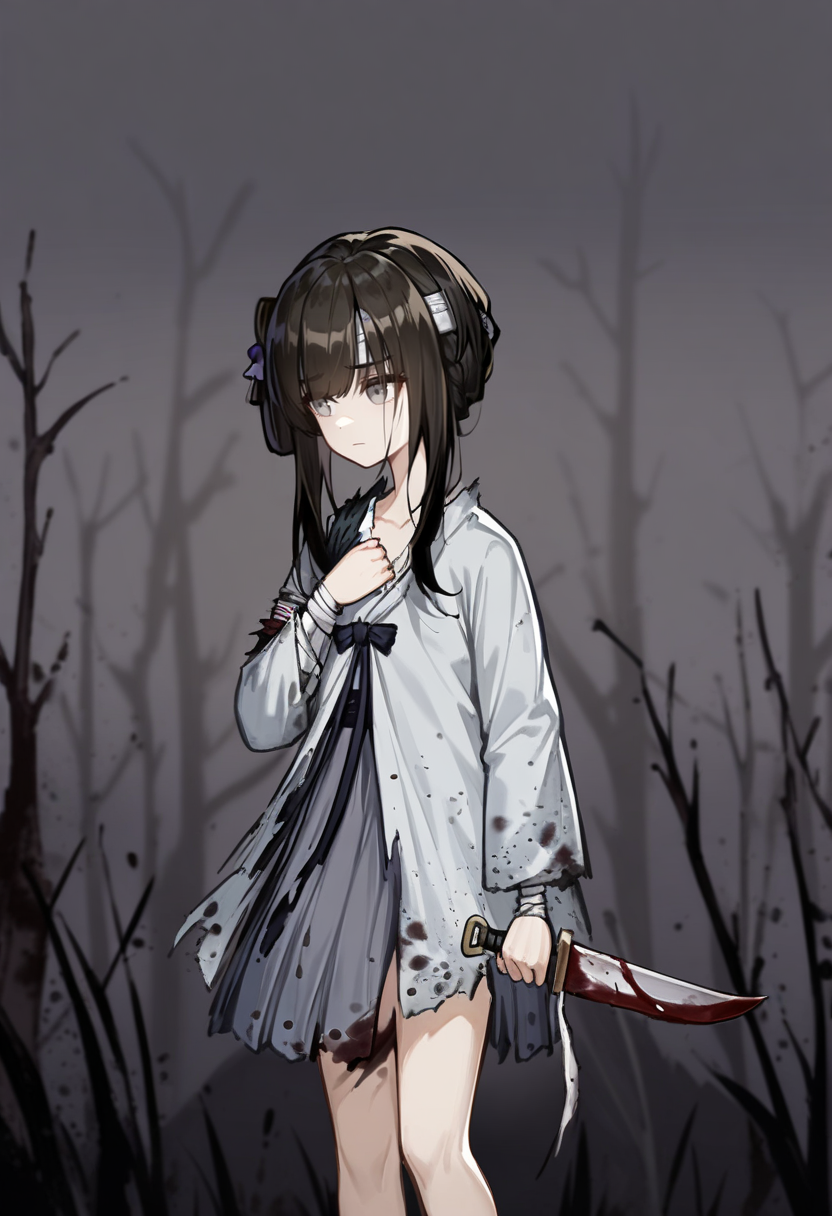 1girl,michiho,solo,
from side,cowboy shot,
forest,lake,night,
grey eyes, black hair,standing,
grey dress, bandages,torn clothes,hair ornament, bandaged leg, anklet, long sleeves, 
holding knife,standing,looking up,
hand on own chest,
bloody weapon,blood,blood splatter, blood stain,
expressionless, sad,
<lora:michiho-000004:0.95>