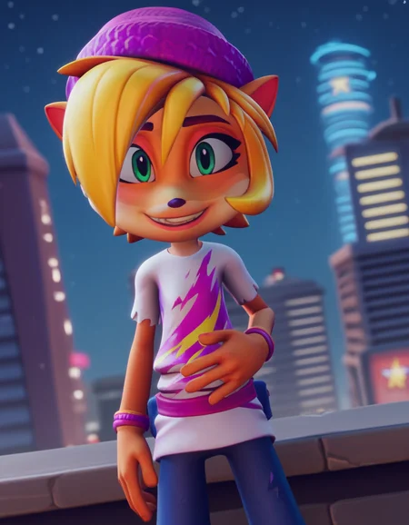 score_9, score_8_up, score_7_up, source_anime, <lora:coco-bandicoot-totally-tubular-ingame4-ponyxl-lora-nochekaiser:1>, coco bandicoot, short hair, blonde hair, green eyes, pointy ears, furry, 3d, shirt, hat, torn clothes, striped shirt, pants, city skyline, rooftop view, night time, city lights, quiet reflection, smile, , hand on stomach, blush,, solo,, cowboy shot, dutch angle,